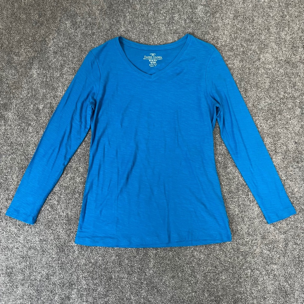 Faded Glory Womens Blue Long Sleeve V-Neck Slub Knit Cotton Top S 4-6 FL33105